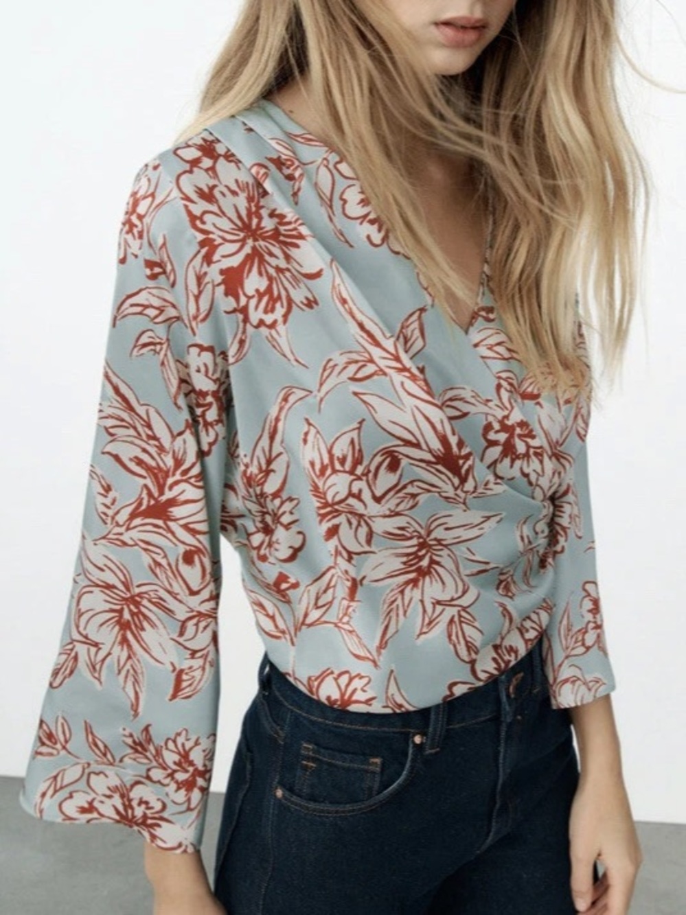 Zara Crossover Wrap Top Aqua Floral Small Side Zip Summer Coastal Mint